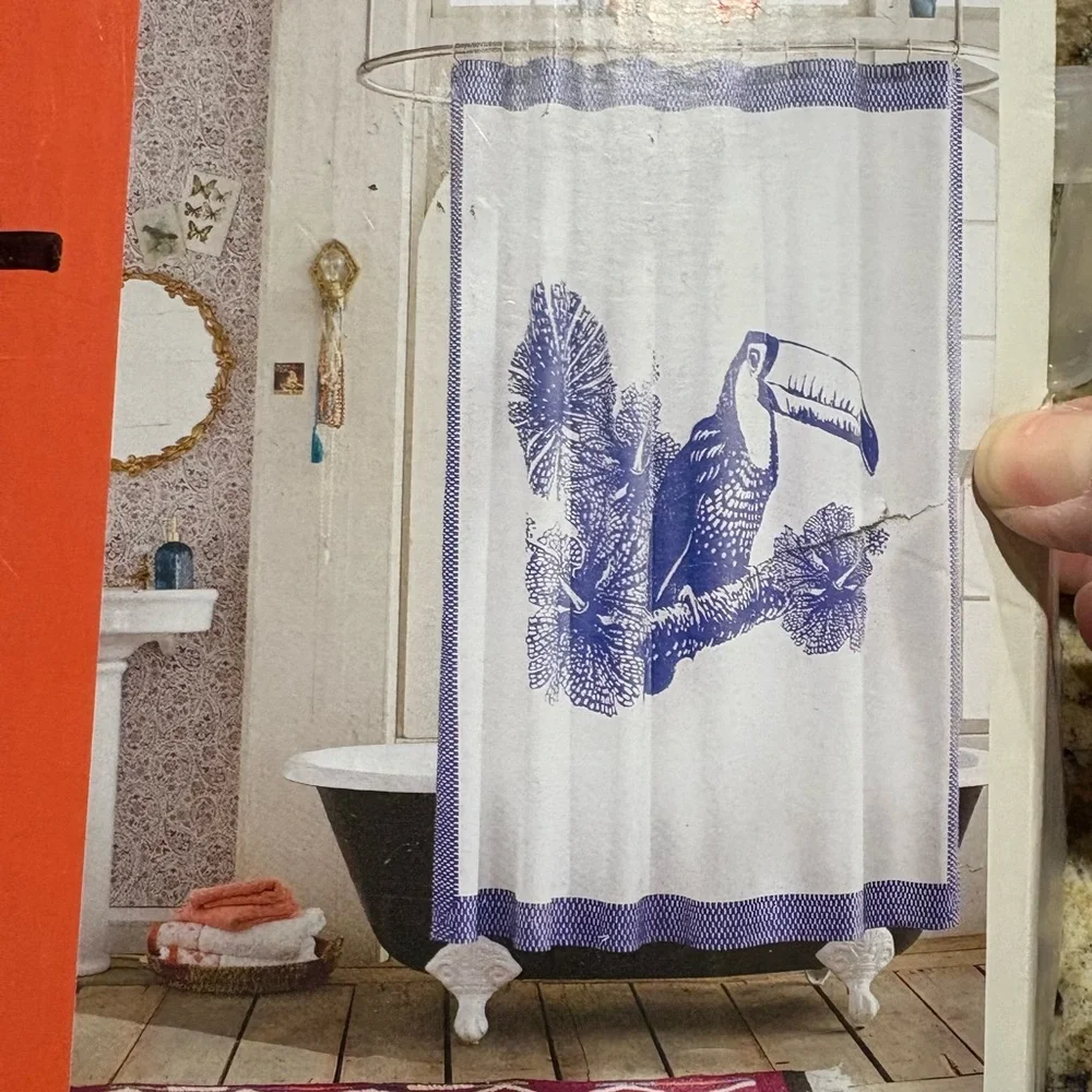 OPALHOUSE NWT toucan bird shower curtain -white/blue